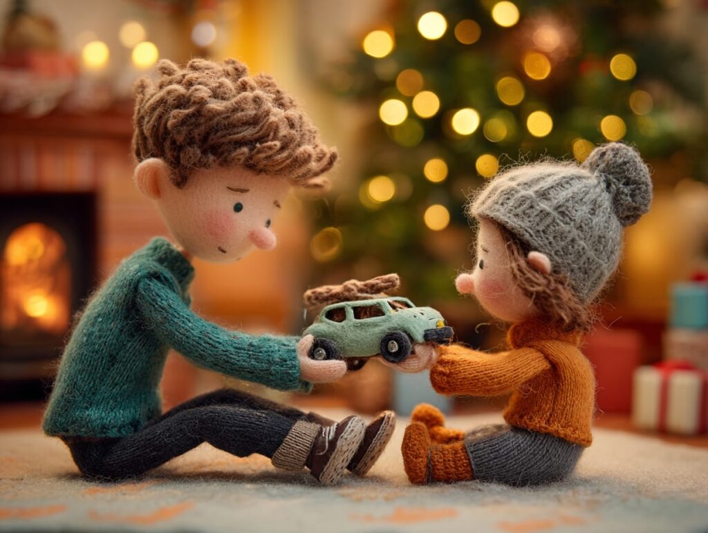 boy sharing toy with baby sister christmas kindness
