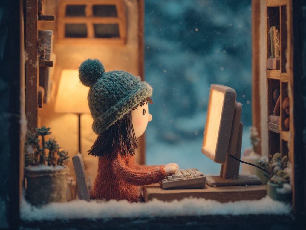 girl sending a nice email in her cozy home during christmas