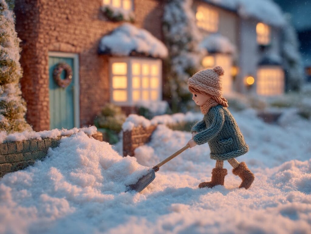 girl shoveling snow for neighbour