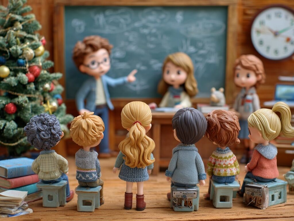 teacher pointing to chalk board in christmass classroom