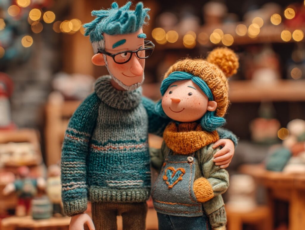 Stop motion animation style, parent or youth leader gently supporting teen Christmas volunteer activities