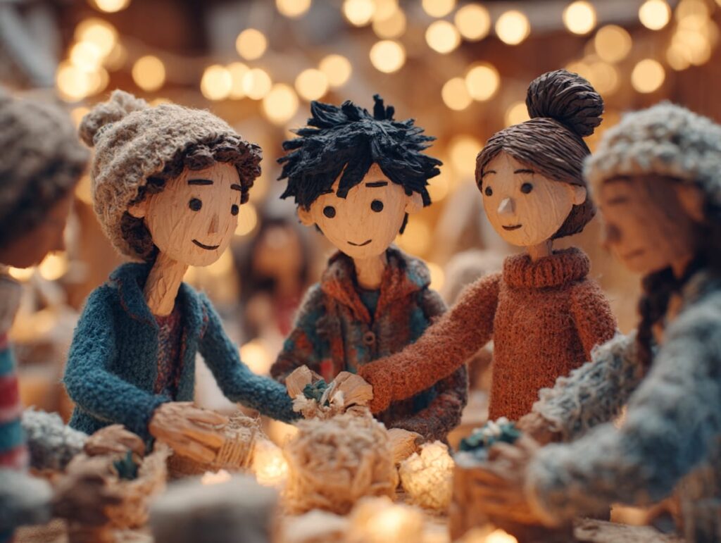 Stop motion animation style, teens participating in meaningful Christmas kindness activities together, handmade paper textures, soft warm lighting, cozy holiday classroom or community setting, handcrafted figures, cinematic depth of field