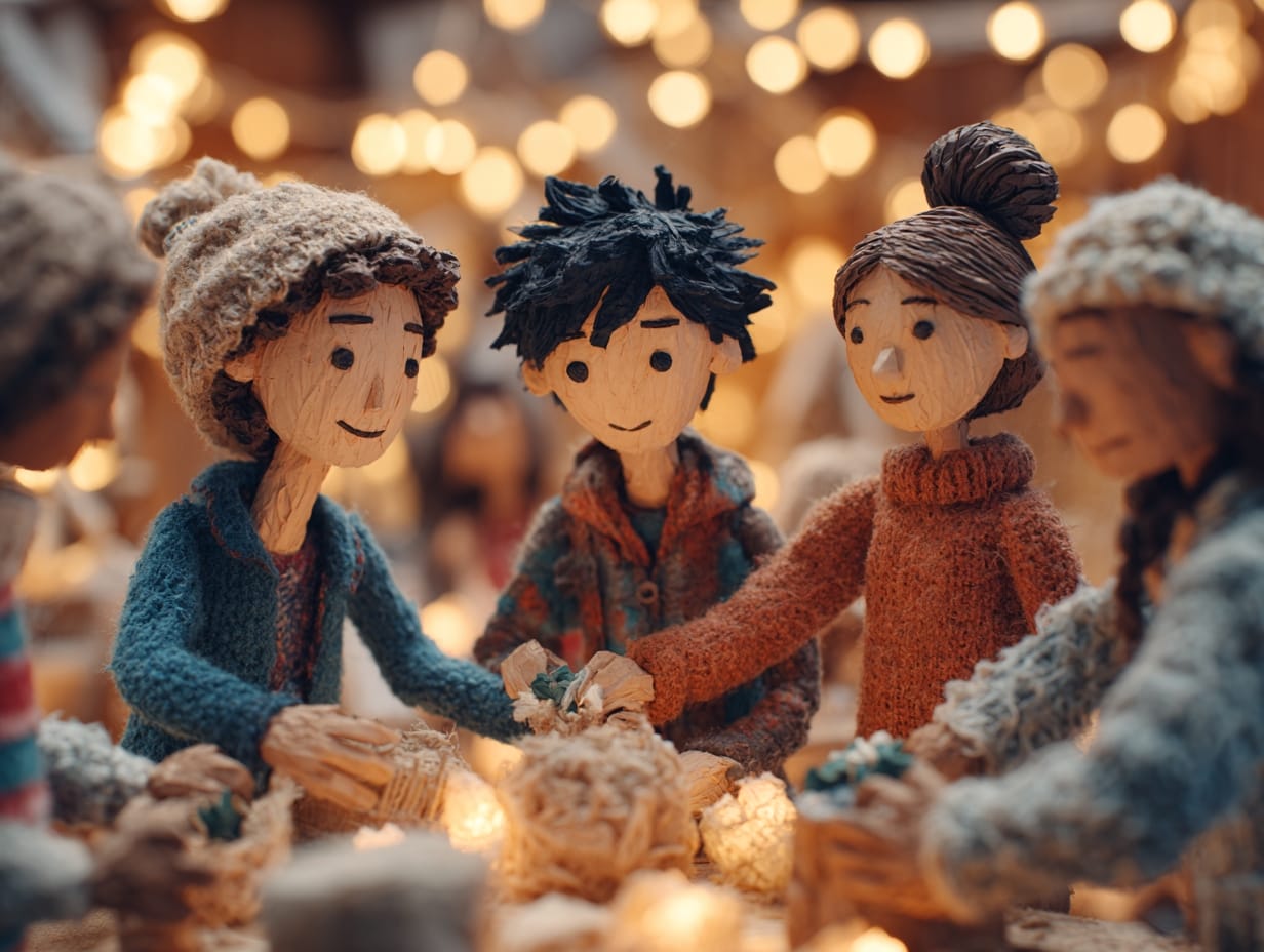 Stop motion animation style, teens participating in meaningful Christmas kindness activities together, handmade paper textures, soft warm lighting, cozy holiday classroom or community setting, handcrafted figures, cinematic depth of field