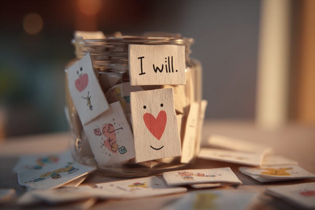 Kindness resolution cards for kids stored in a jar
