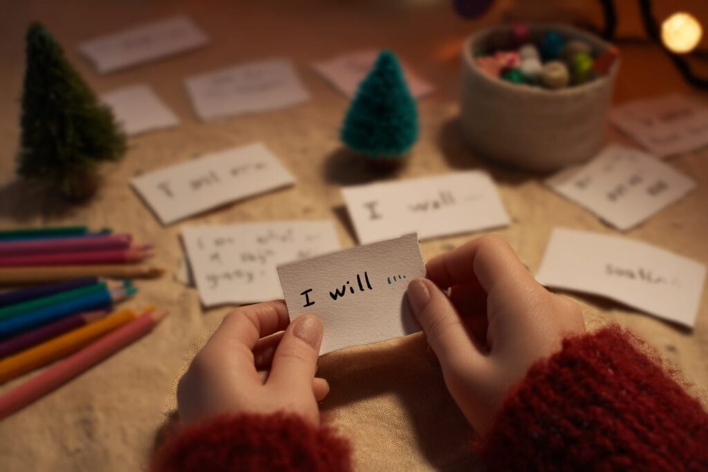 Kindness resolutions for kids written as ‘I will’ goals on paper
