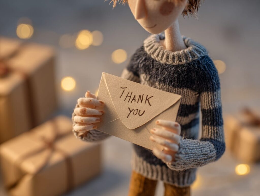 Stop motion animation style, teen completing a small act of kindness in just a few minutes, holding a handwritten thank-you note