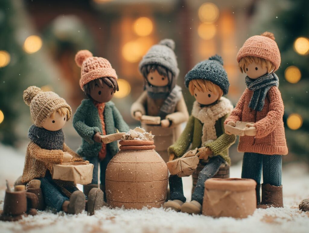 Stop motion animation style, group of teens doing Christmas service projects together, helping neighbors and writing holiday cards