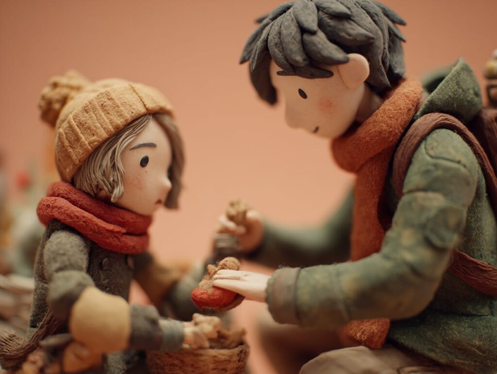 Stop motion animation style, teen volunteering during Christmas in a meaningful non-performative way, helping another person quietly