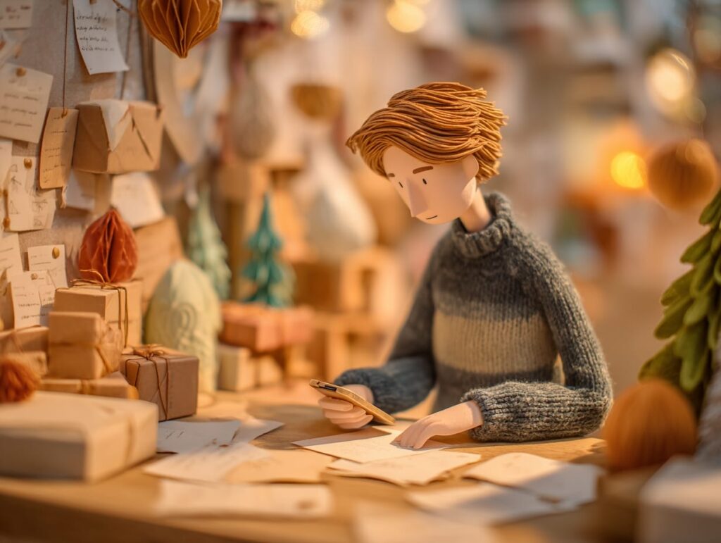 Stop motion animation style, teen planning a Christmas kindness challenge using a mobile app