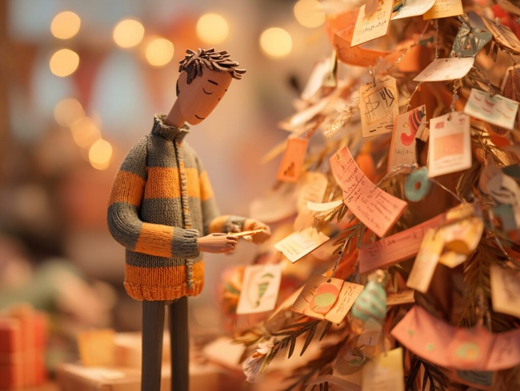 Stop motion animation style, teen tracking daily acts of kindness on a Christmas kindness tree, paper ornaments being added