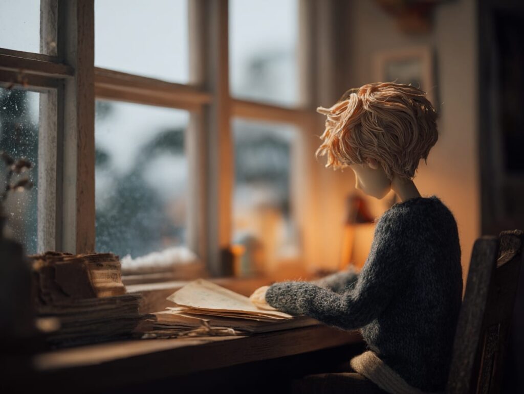 Stop motion animation style, teen reflecting quietly after completing a meaningful act of kindness, journaling or thinking by a window