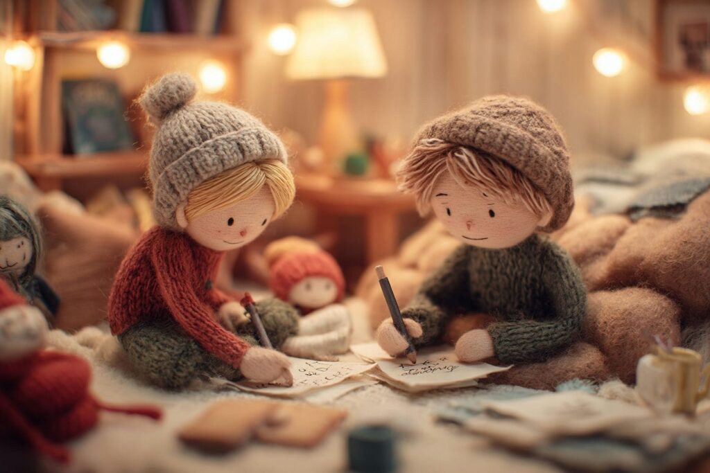 Kids practicing kindness indoors through notes and helpful actions during winter