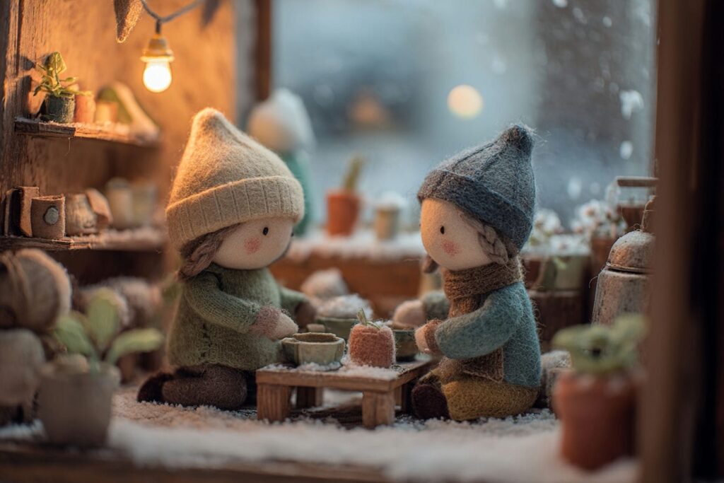 Children repeating small acts of kindness throughout the winter in a warm, cozy stop motion style