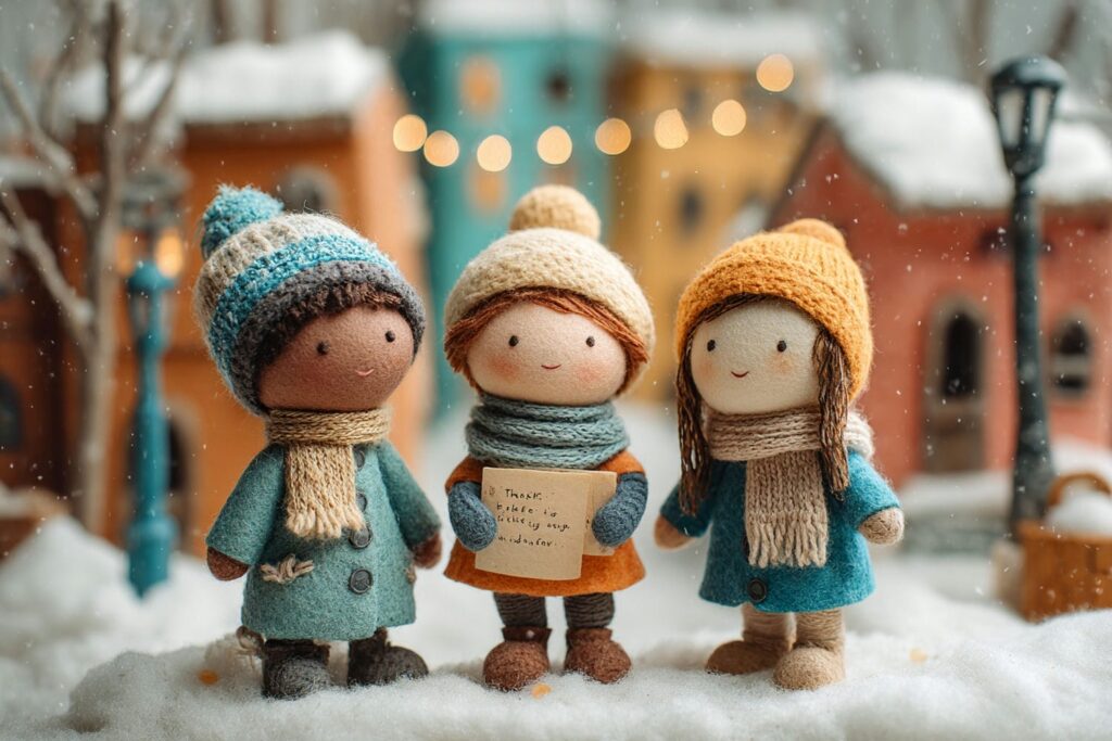 Children showing kindness outdoors during winter by helping and thanking others