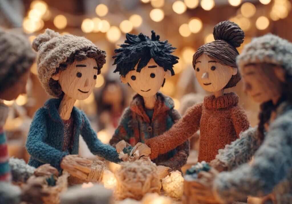 Stop motion animation style, teens participating in meaningful Christmas kindness activities together, handmade paper textures, soft warm lighting, cozy holiday classroom or community setting, handcrafted figures, cinematic depth of field