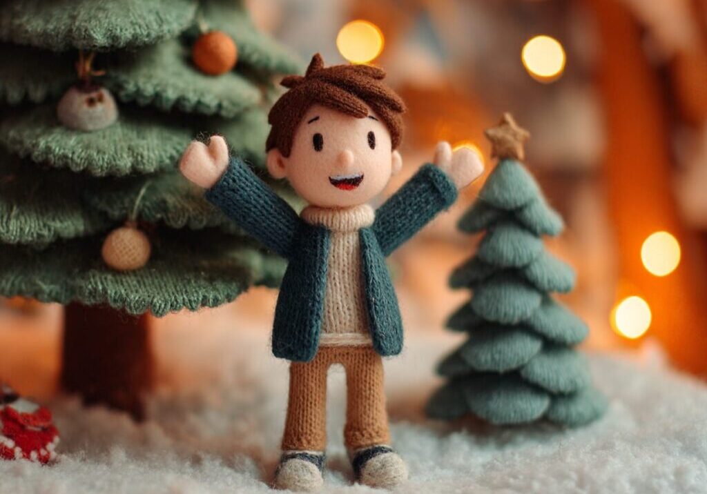 happy boy beside christmas tree