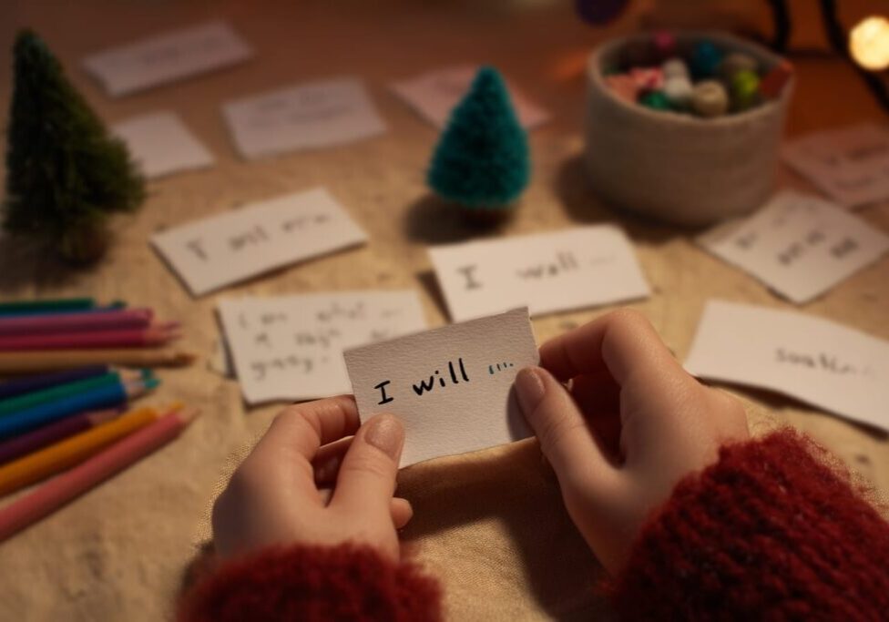 Kindness resolutions for kids written as ‘I will’ goals on paper