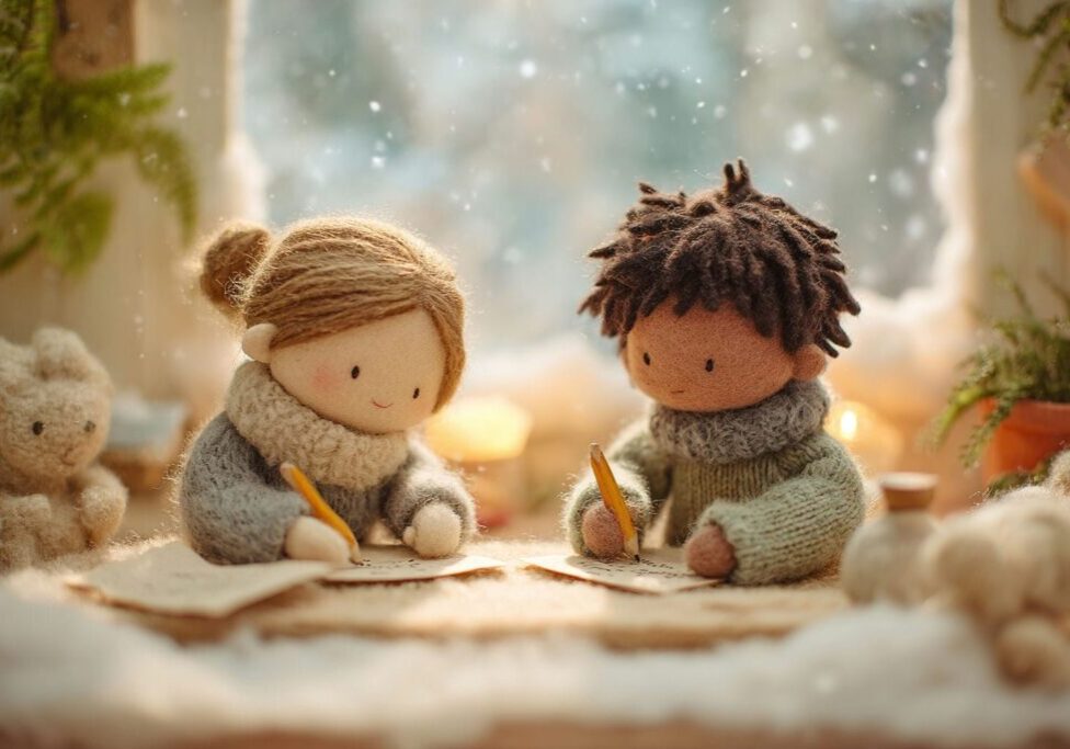 Children practicing winter kindness by writing notes and helping each other in a cozy indoor setting